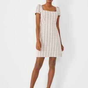 Ann Taylor Dress Madras Plaid Square Neck Puff Sleeve Stretch